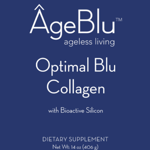 AgeBlu's Optimal Blu Collagen. Blu Label with white writing